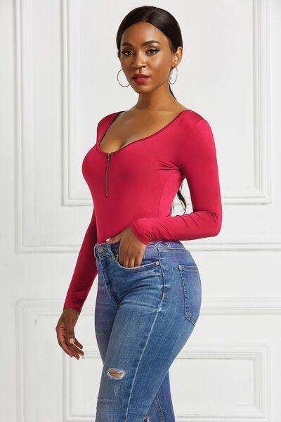 Half Zip Scoop Neck Long Sleeve Bodysuit - Trendsi - Flyclothing LLC
