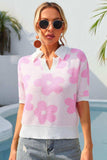 Floral Johnny Collar Half Sleeve Knit Top - Trendsi - Flyclothing LLC