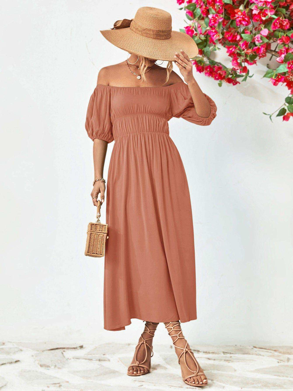 Off-Shoulder Balloon Sleeve Midi Dress - Trendsi - Flyclothing LLC