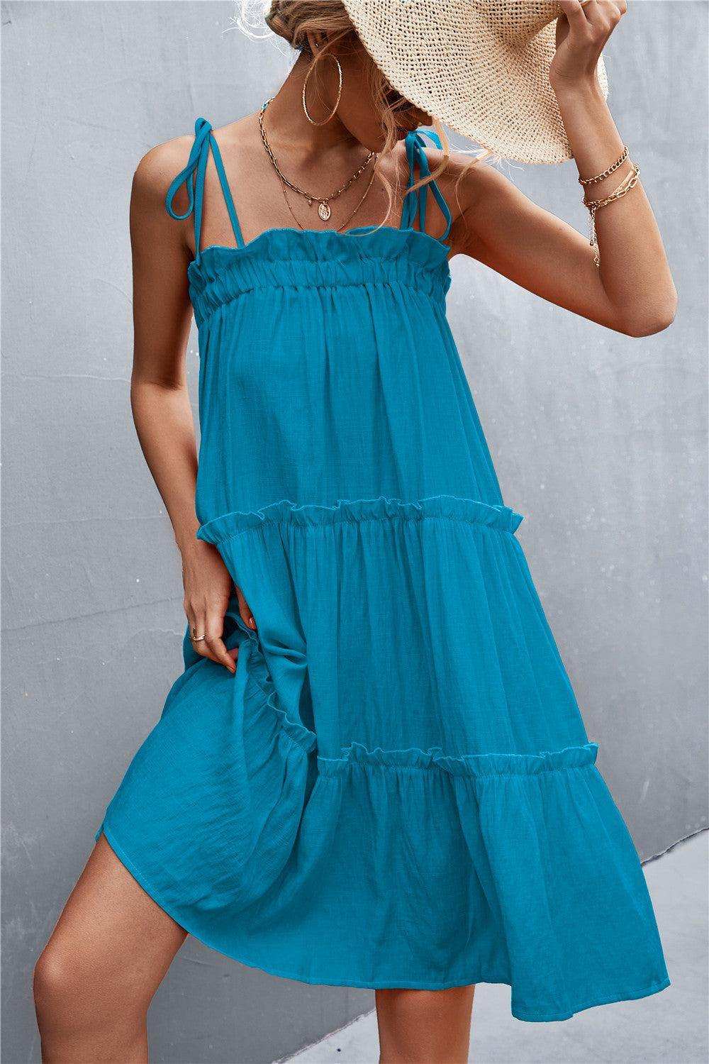 Tie-Shoulder Frill Trim Sleeveless Dress - Trendsi - Flyclothing LLC