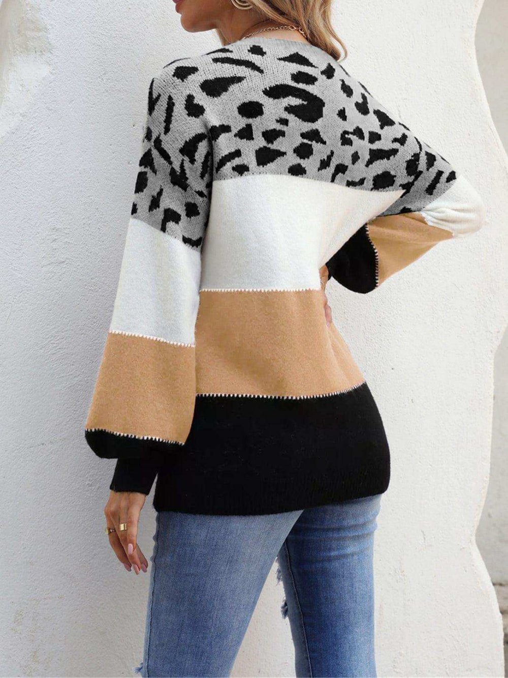 Color Block Round Neck Sweater - Trendsi - Flyclothing LLC