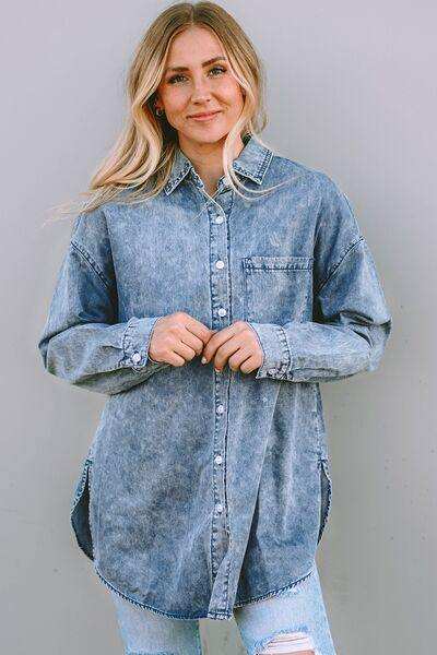 Button Up Dropped Shoulder Denim Top - Trendsi - Flyclothing LLC