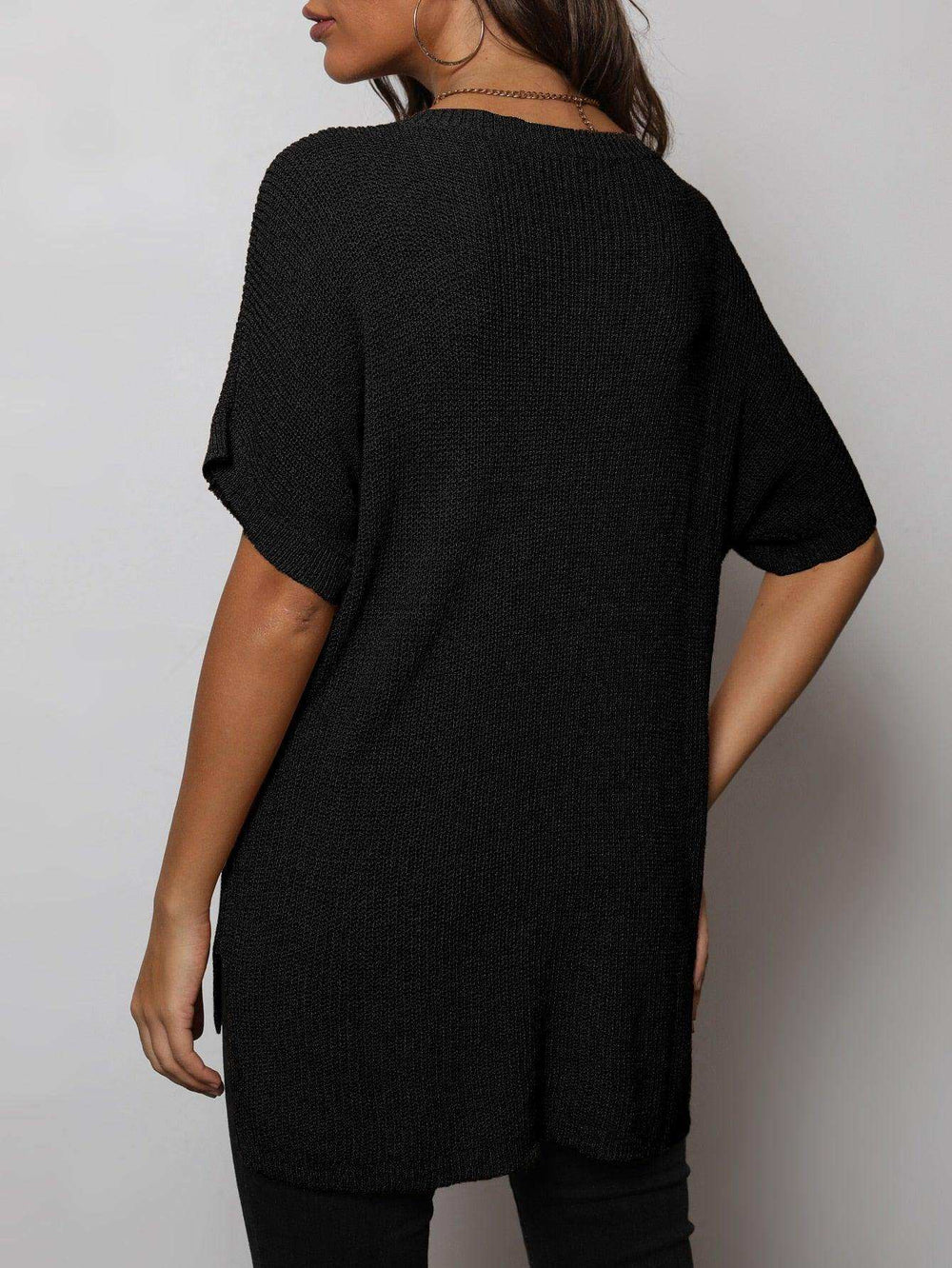V-Neck Slit High-Low Knit Top - Trendsi - Flyclothing LLC