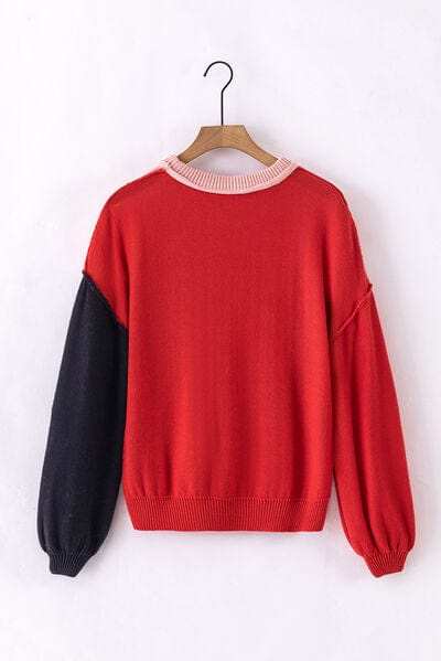 Contrast Round Neck Dropped Shoulder Sweater - Trendsi - Flyclothing LLC
