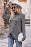 Ribbed Round Neck Buttoned Long Sleeve Tee - Trendsi - Flyclothing LLC