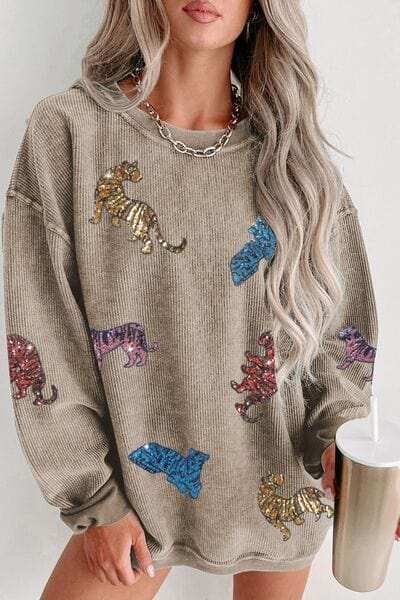 Animal Sequin Dropped Shoulder Sweatshirt - Trendsi - Flyclothing LLC