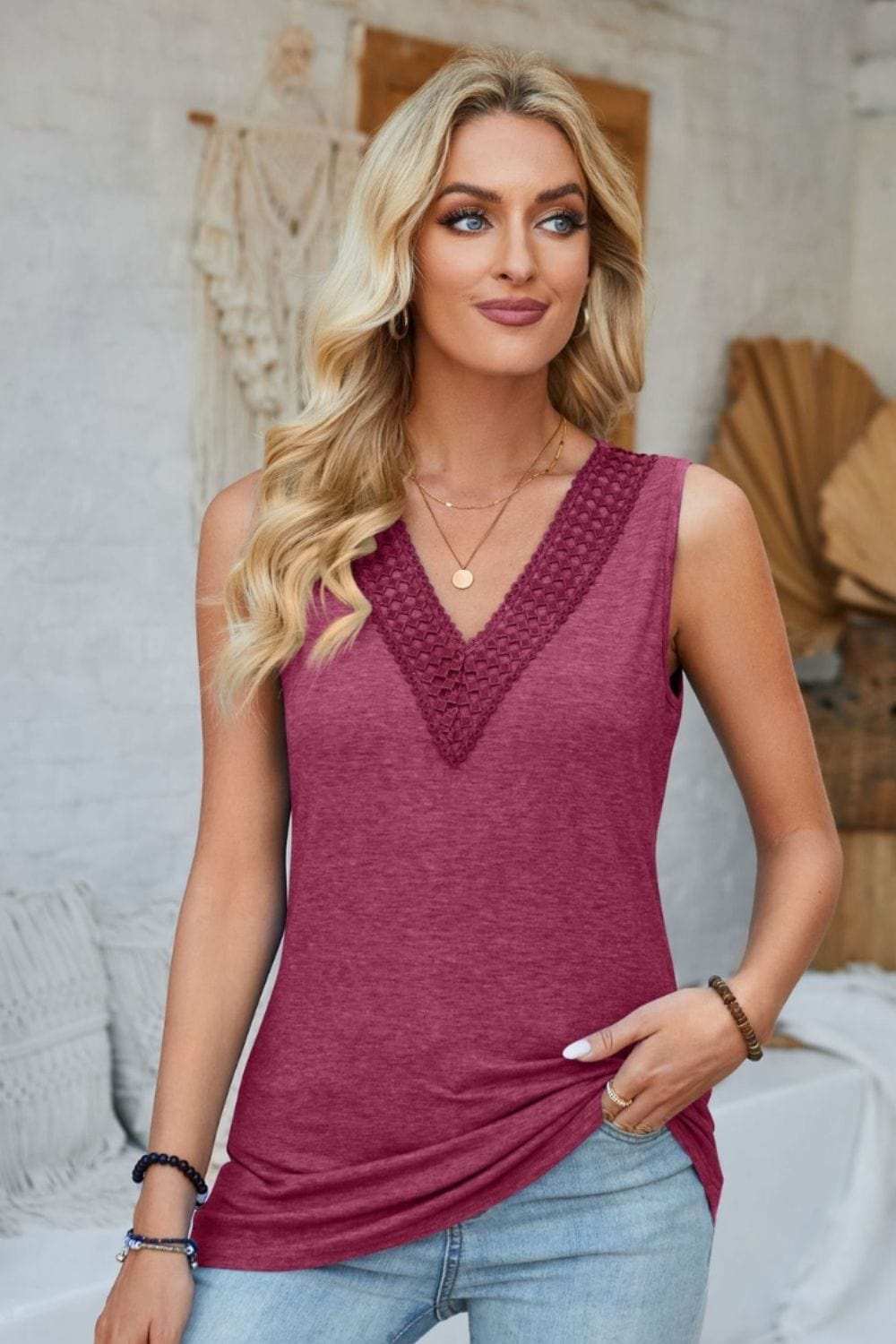 Lace Detail V-Neck Tank - Trendsi - Flyclothing LLC
