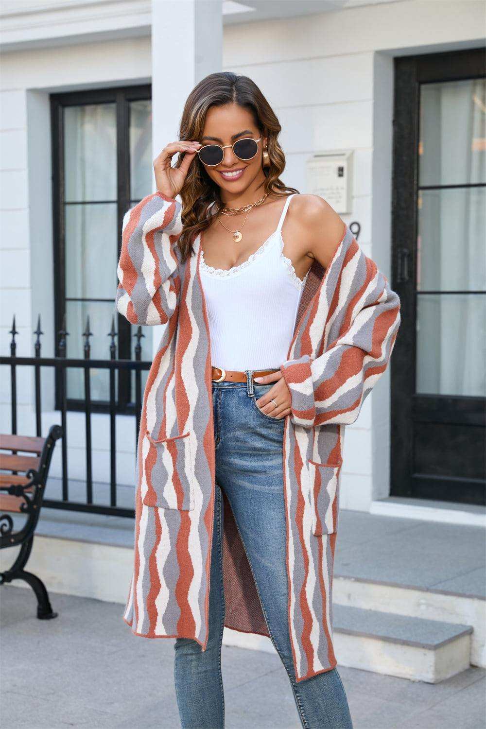 Printed Open Front Pocketed Cardigan - Trendsi - Flyclothing LLC