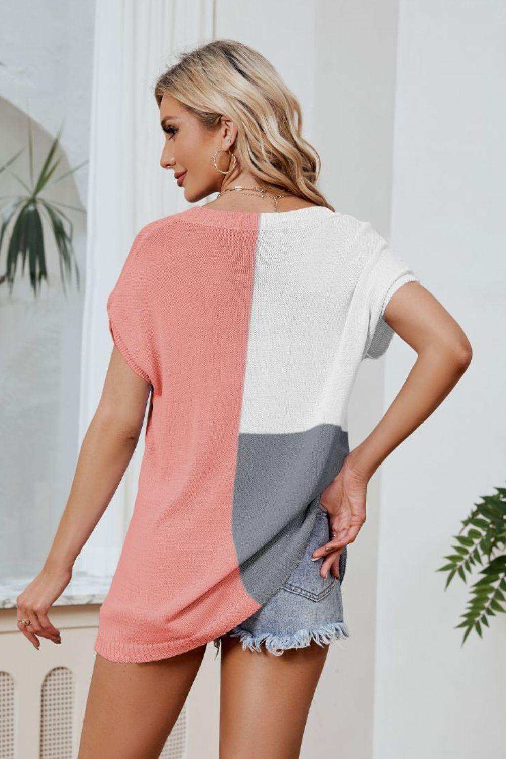 Color Block V-Neck Knit Top - Trendsi - Flyclothing LLC