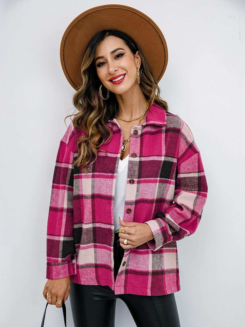 Plaid Button-Down Jacket - Trendsi - Flyclothing LLC