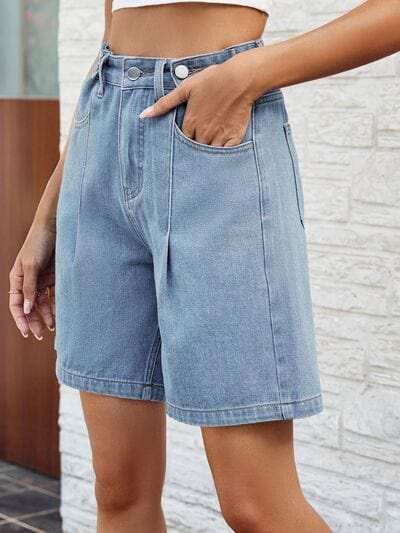 High Waist Denim Shorts with Pockets - Trendsi - Flyclothing LLC