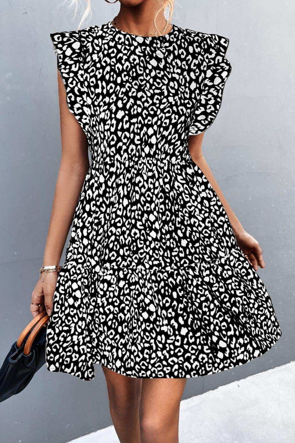 Leopard Round Neck Mini Dress - Trendsi - Flyclothing LLC