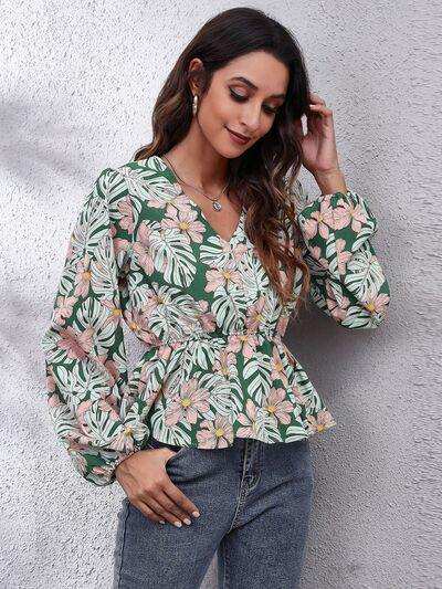 Floral V-Neck Balloon Sleeve Peplum Blouse - Trendsi - Flyclothing LLC