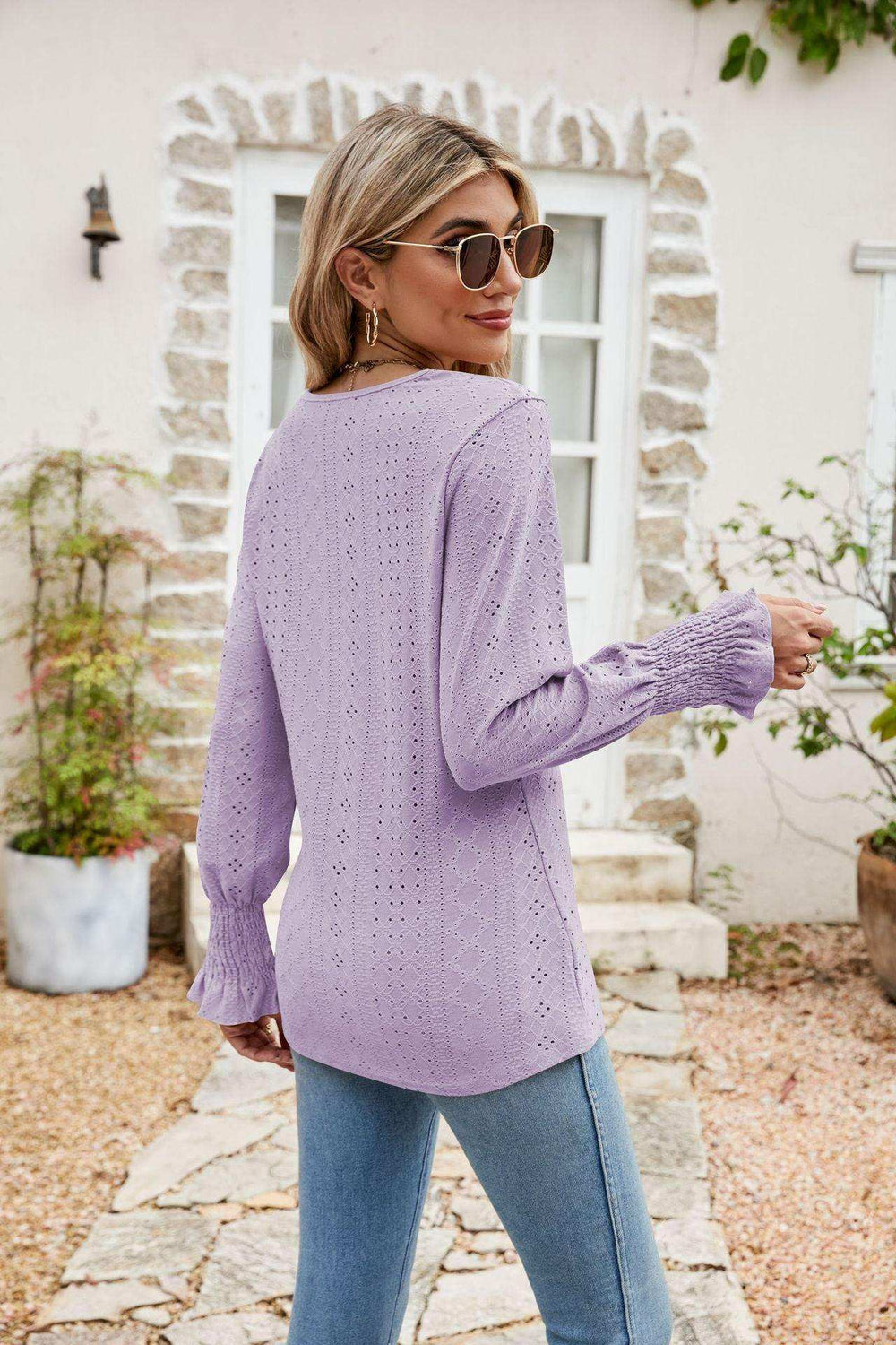 Eyelet V-Neck Smocked Flounce Sleeve Blouse - Trendsi - Flyclothing LLC