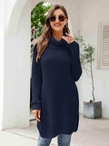 Turtleneck Waffle-Knit Slit Sweater Dress - Trendsi - Flyclothing LLC