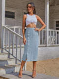 Button Down Denim Skirt - Trendsi - Flyclothing LLC