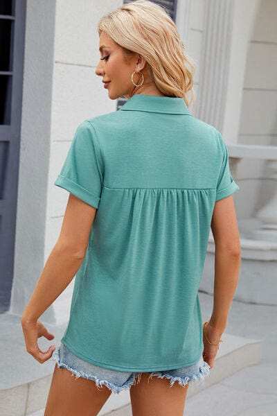 Ruched Johnny Collar Short Sleeve Blouse - Trendsi - Flyclothing LLC