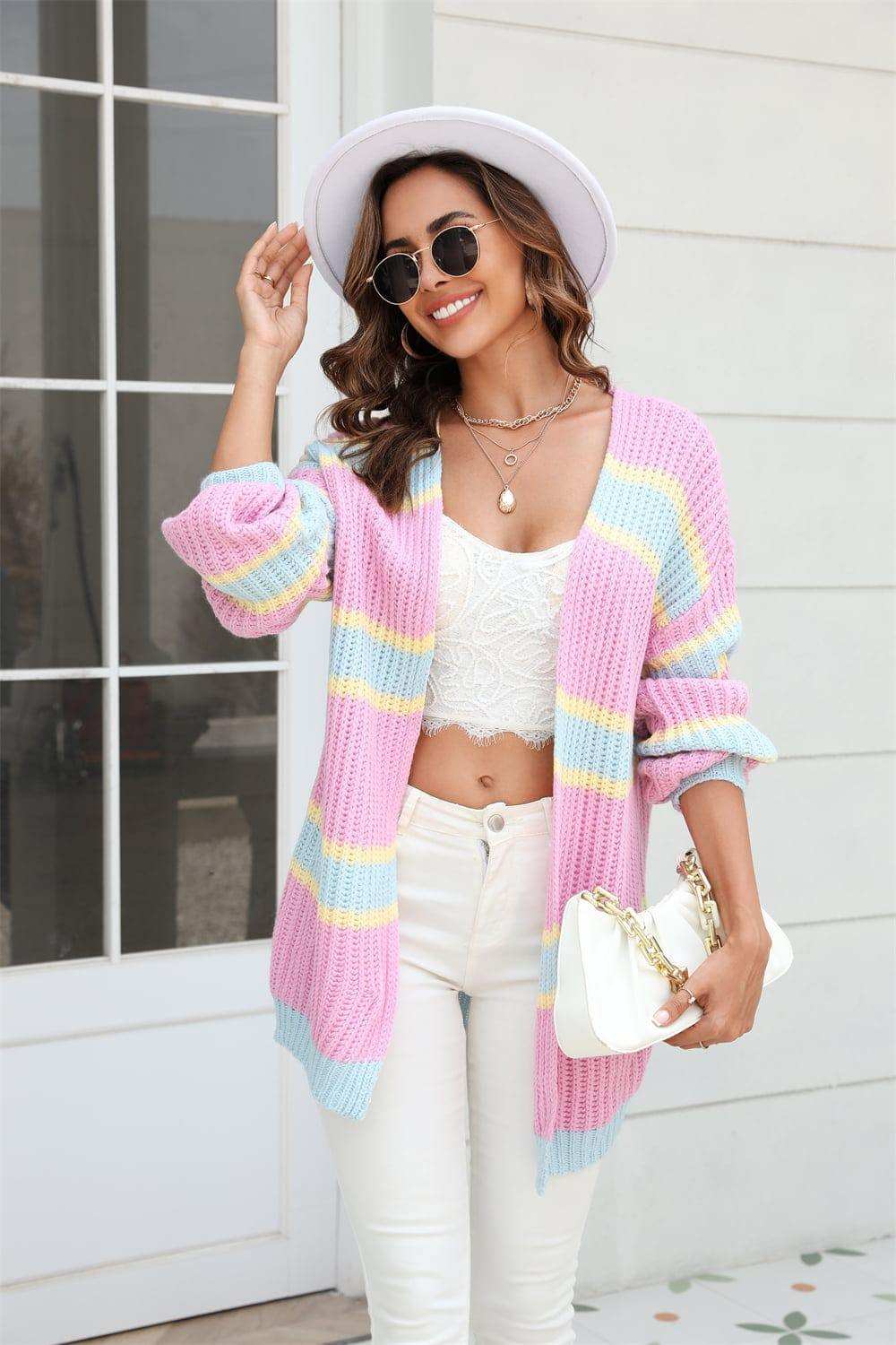 Color Block Ribbed Dropped Shoulder Open Front Cardigan - Trendsi - Flyclothing LLC