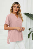 Side Slit Notched Neck Cuffed Short Sleeve Blouse - Trendsi - Flyclothing LLC