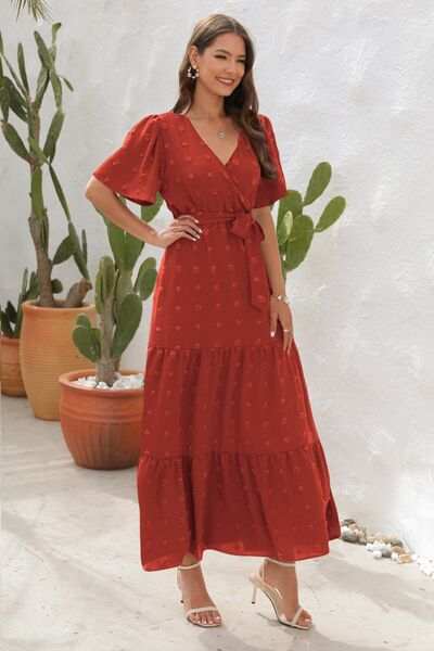 Swiss Dot Tied Surplice Short Sleeve Dress - Trendsi - Flyclothing LLC