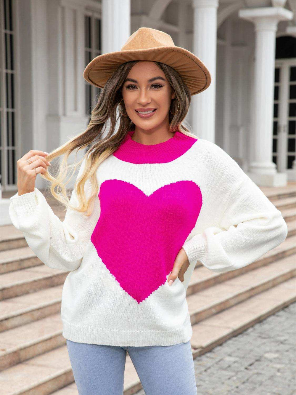 Heart Graphic Round Neck Sweater - Trendsi - Flyclothing LLC