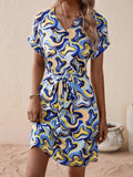 Tied Printed V-Neck Short Sleeve Dress - Trendsi - Flyclothing LLC