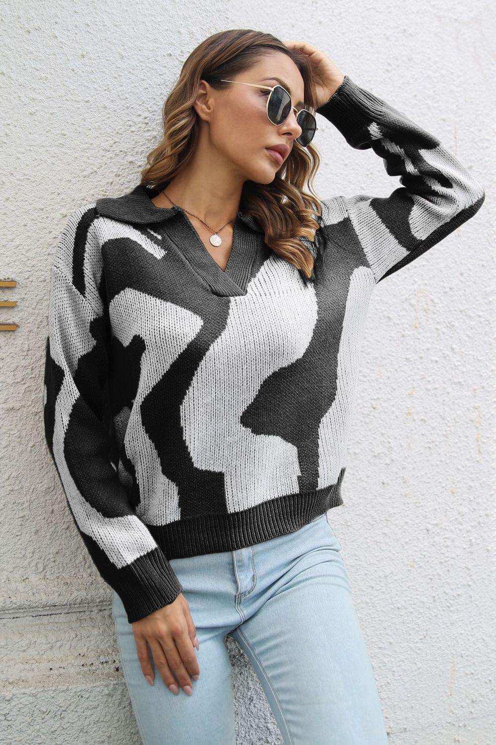 Two-Tone Johnny Collar Dropped Shoulder Pullover Sweater - Trendsi - Flyclothing LLC