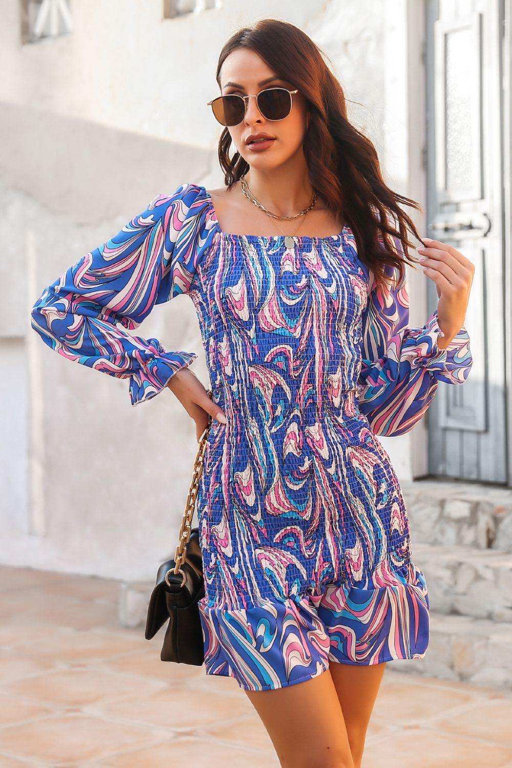 Abstract Print Square Neck Smocked Dress - Trendsi - Flyclothing LLC