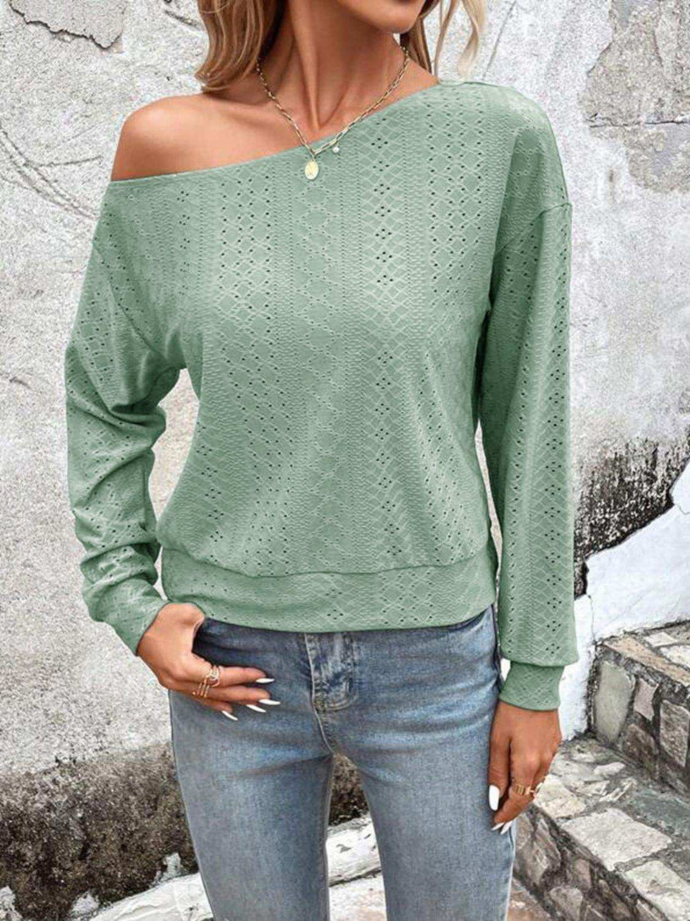 Eyelet Dropped Shoulder Blouse - Trendsi - Flyclothing LLC