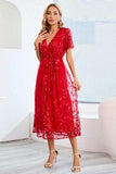 Sequin Leaf Embroidery Tie Front Short Sleeve Dress - Trendsi - Flyclothing LLC