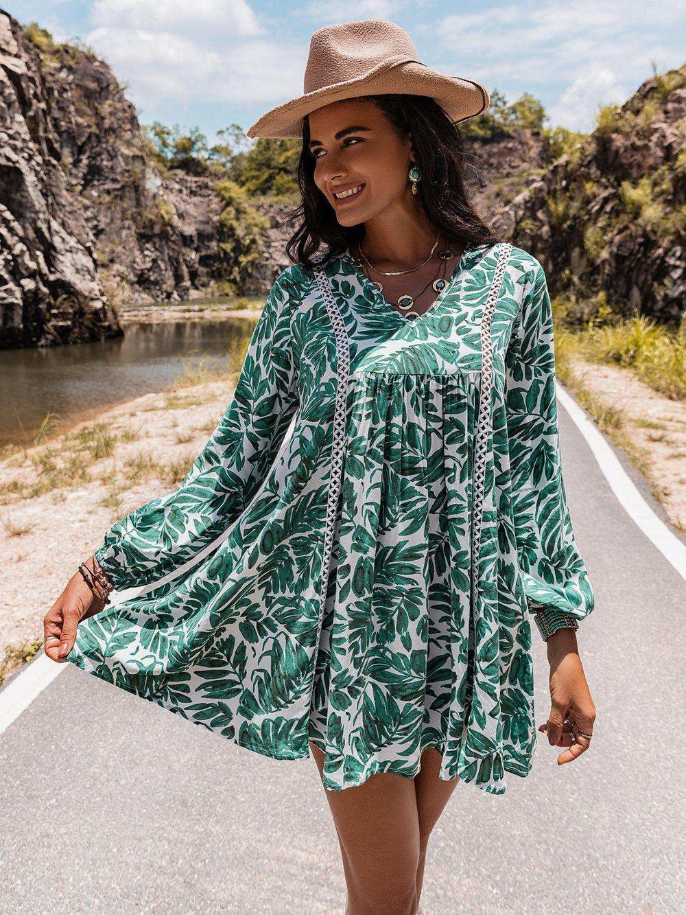 Long Sleeve V-Neck Mini Dress - Trendsi - Flyclothing LLC