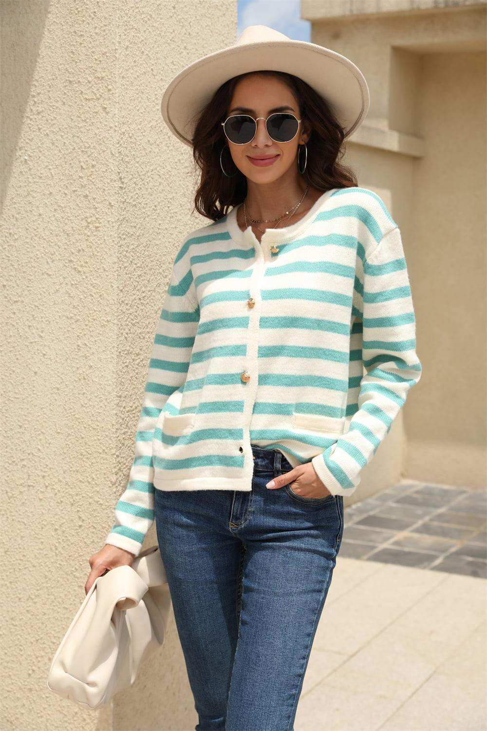 Striped Round Neck Button-Down Dropped Shoulder Cardigan - Trendsi - Flyclothing LLC