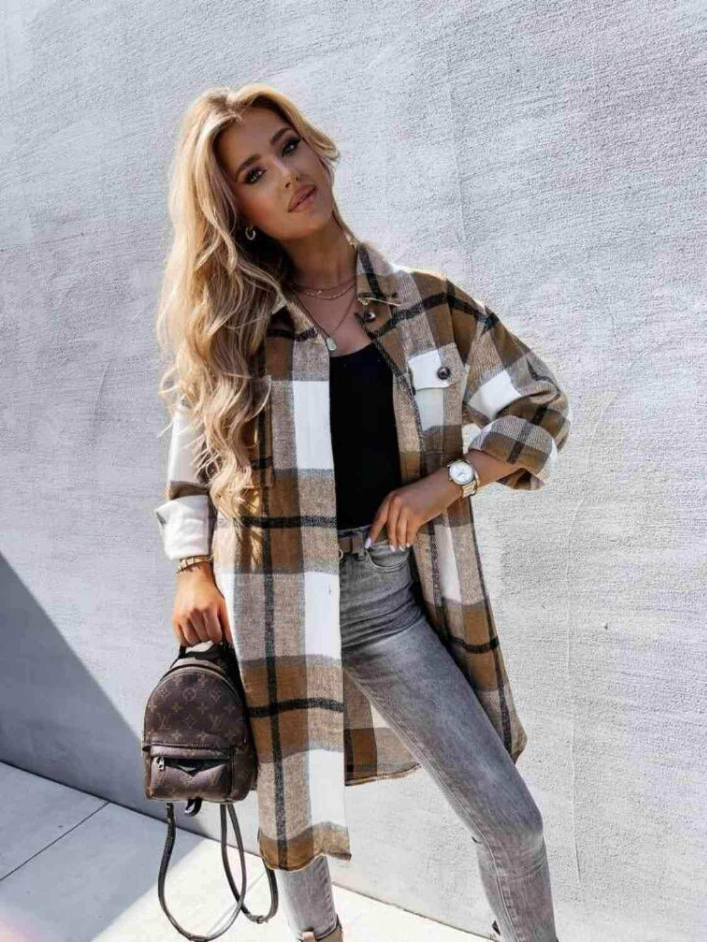 Plaid Collared Neck Longline Shirt - Trendsi - Flyclothing LLC