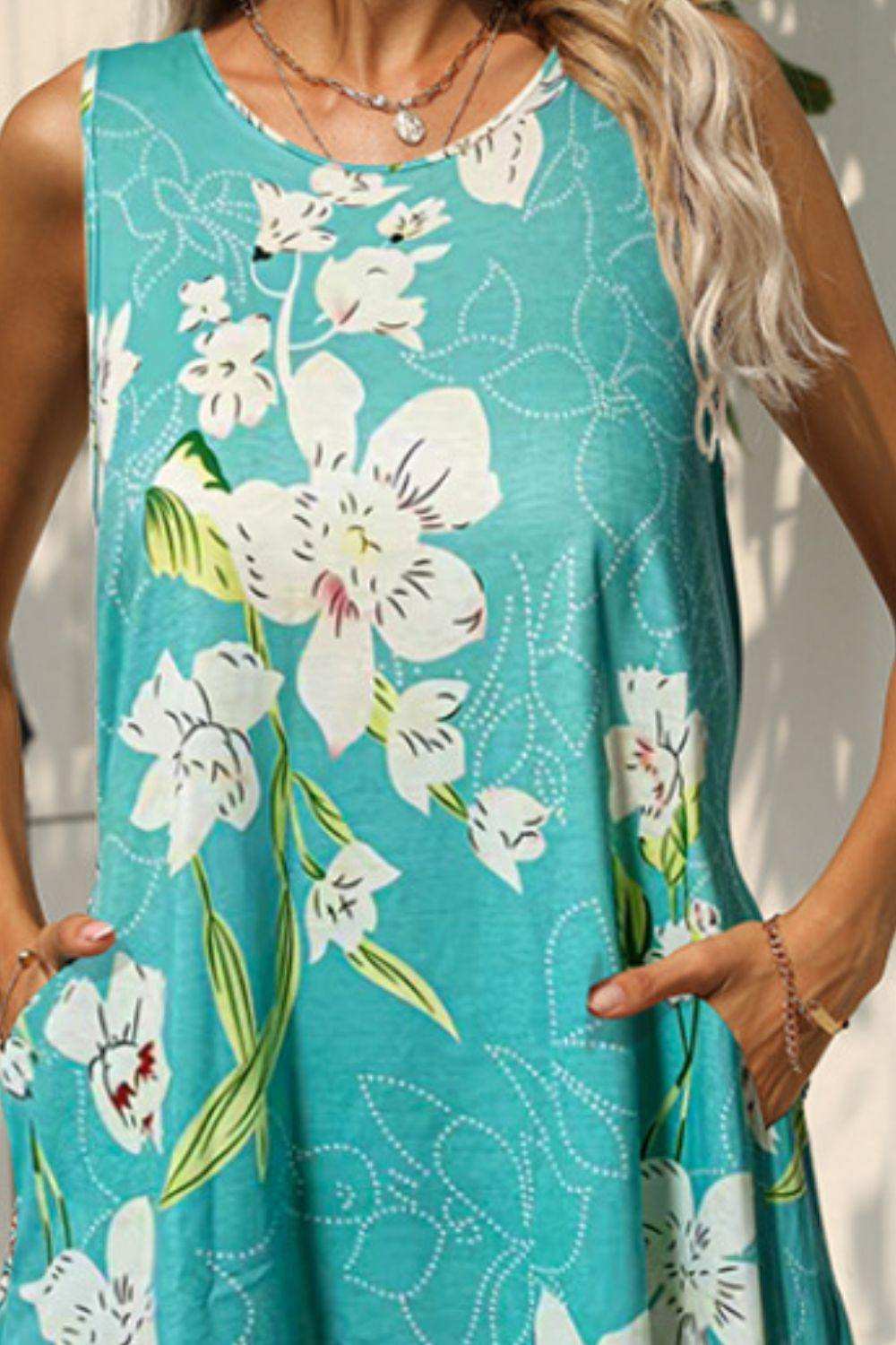 Printed Round Neck Sleeveless Dress with Pockets - Trendsi - Flyclothing LLC