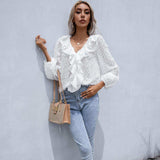 Ruffle Hem Fringe V-Neck Balloon Sleeve Blouse - Trendsi - Flyclothing LLC