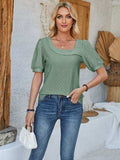 Eyelet Asymmetrical Neck Short Sleeve T-Shirt - Trendsi - Flyclothing LLC