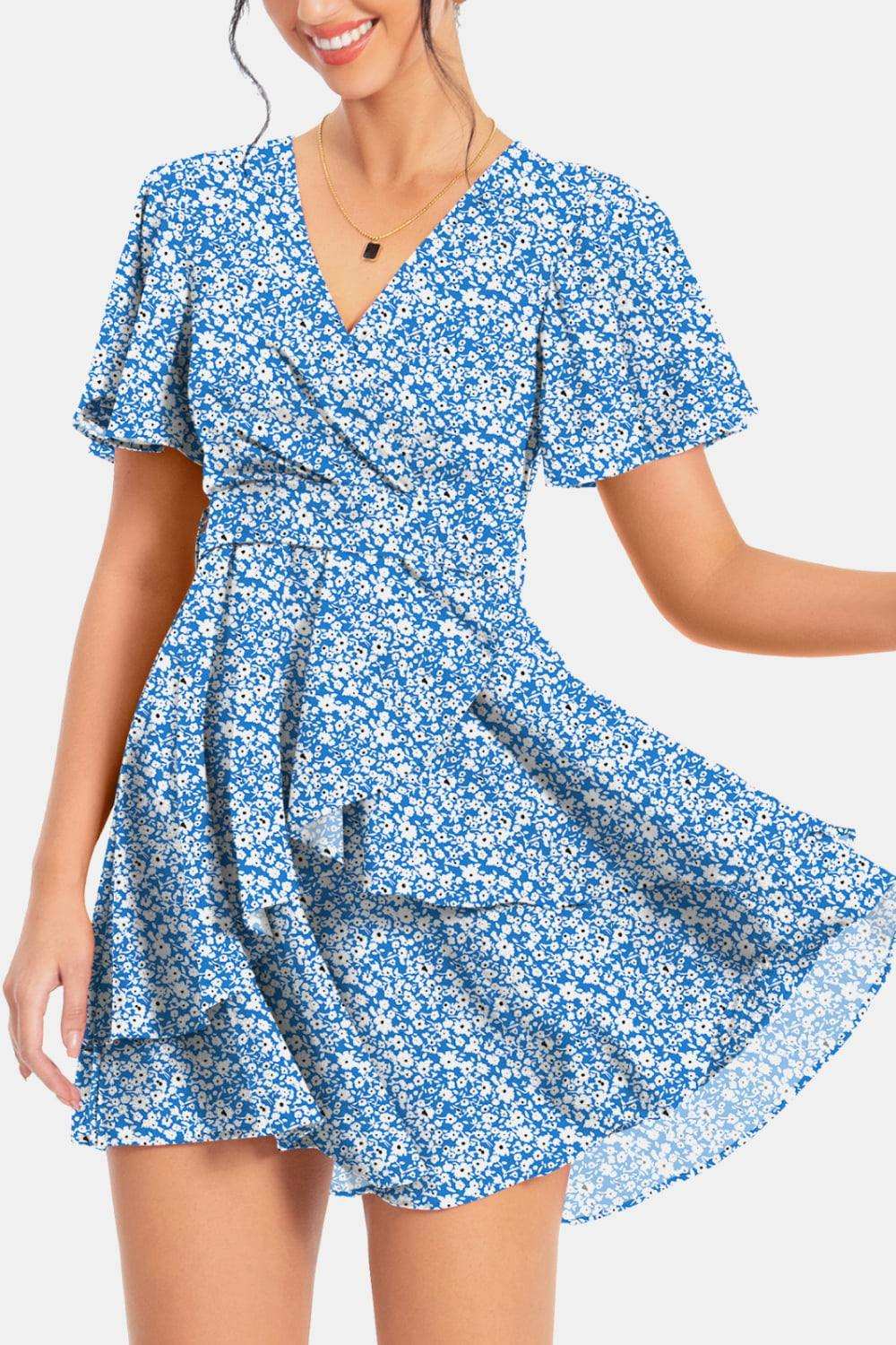 Surplice Neck Flutter Sleeve Dress - Trendsi - Flyclothing LLC
