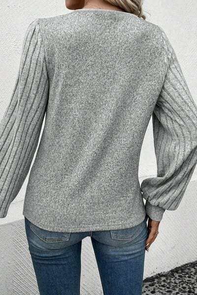 Decorative Button V-Neck Lantern Sleeve Blouse - Trendsi - Flyclothing LLC