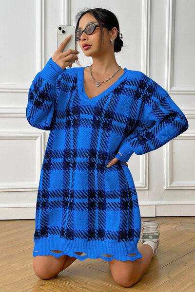 Plaid V-Neck Long Sleeve Sweater Dress - Trendsi - Flyclothing LLC