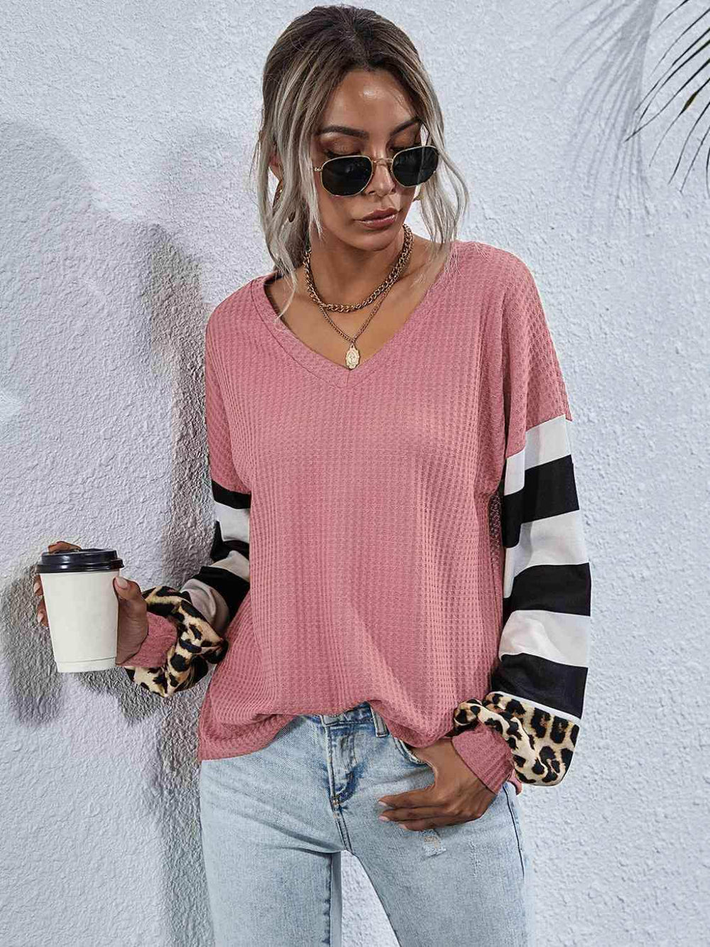 Leopard Striped Waffle-Knit Top - Trendsi - Flyclothing LLC