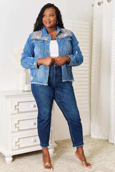 Baeful Leopard Floral Distressed Raw Hem Denim Jacket - Trendsi - Flyclothing LLC