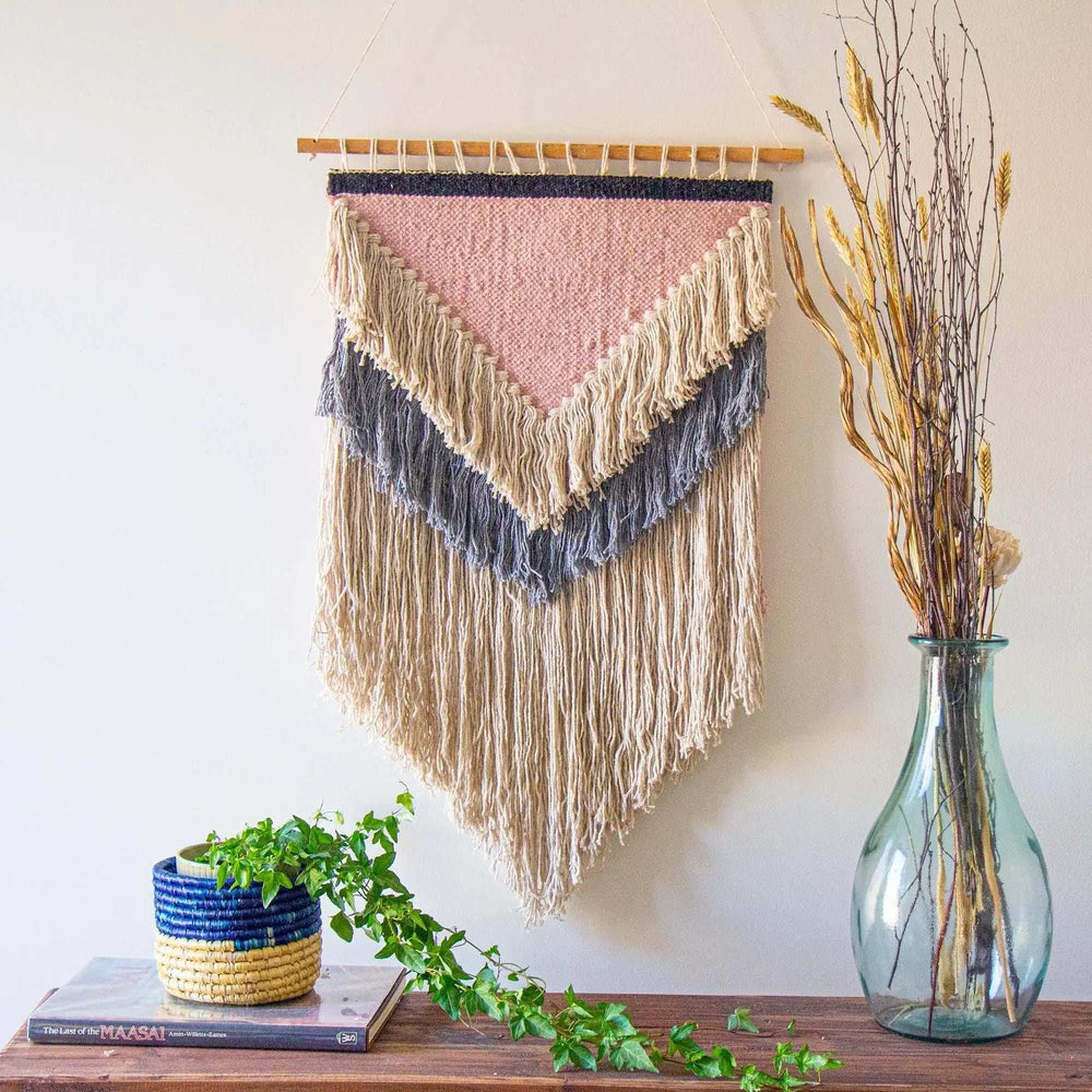 Handwoven Boho Wall Hanging, Pink with Cream Fringe - Asha Handicrafts - Flyclothing LLC