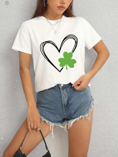 Heart Lucky Clover Short Sleeve T-Shirt - Trendsi - Flyclothing LLC