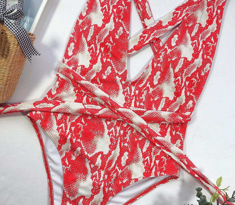 Halter Neck Deep V Tied One-Piece Swimsuit - Trendsi - Flyclothing LLC