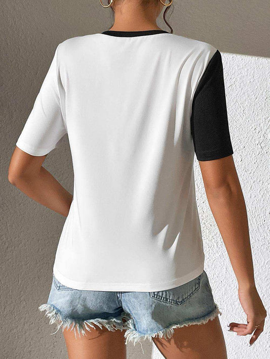 Contrast Color Round Neck Short Sleeve Tee - Trendsi - Flyclothing LLC