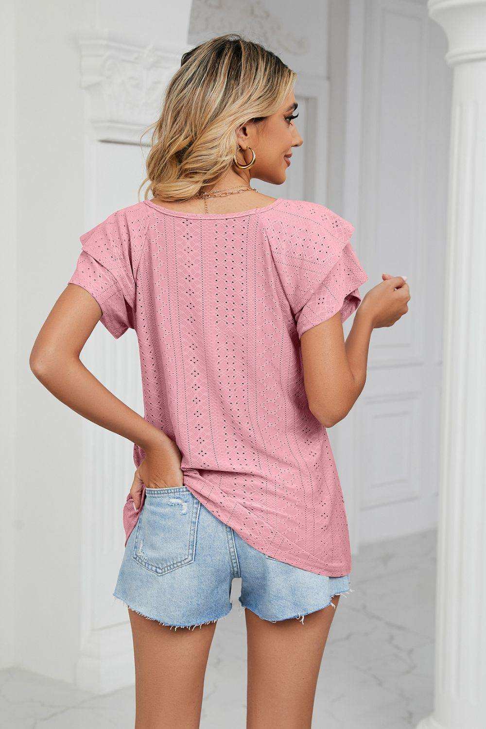 Eyelet Layered Flutter Sleeve V-Neck Knit Top - Trendsi - Flyclothing LLC