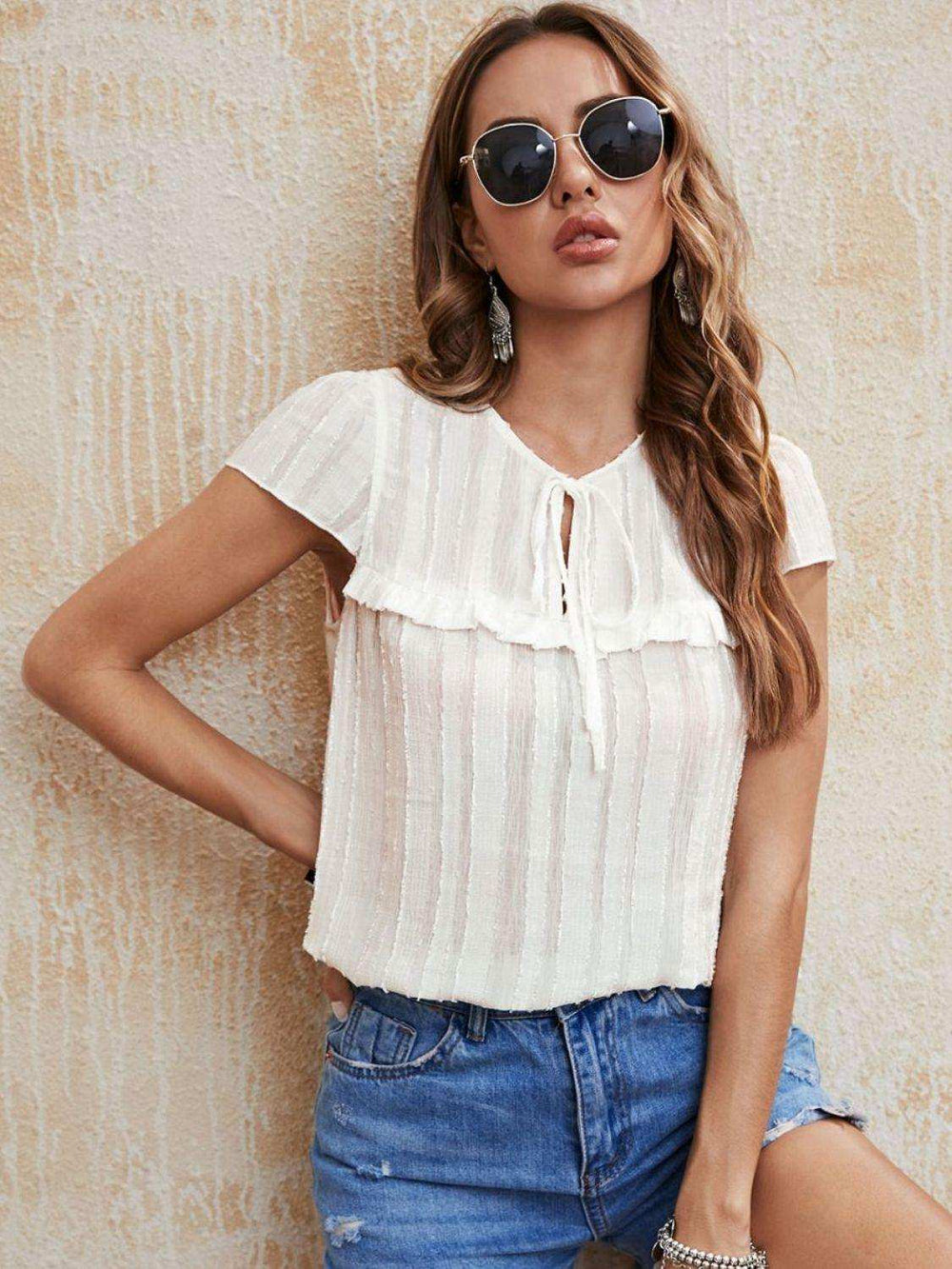 Tie Neck Ruffled Short Sleeve Blouse - Trendsi - Flyclothing LLC