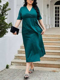 Plus Size Slit Surplice Short Sleeve Midi Dress - Trendsi - Flyclothing LLC