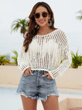 Fringe Trim Openwork Long Sleeve Cover-Up - Trendsi - Flyclothing LLC
