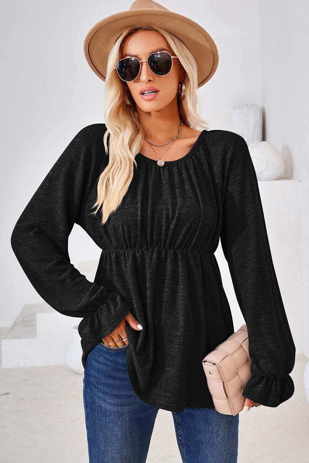 Ruched Round Neck Flounce Sleeve Blouse - Trendsi - Flyclothing LLC